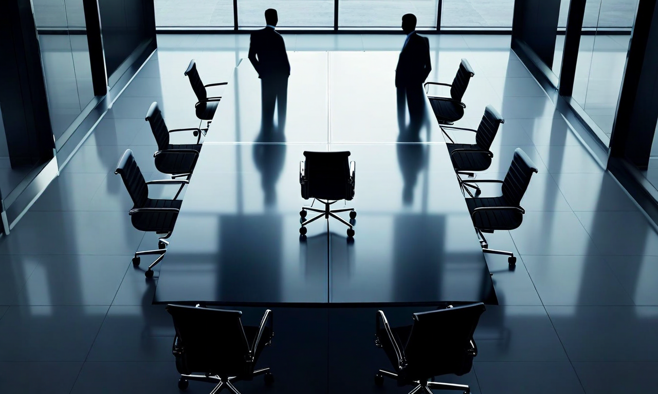 Overhead view of a corporate boardroom with an empty CEO chair at the head of the table, dramatically lit to emphasize the vacant leadership position, surrounded by silhouetted board members