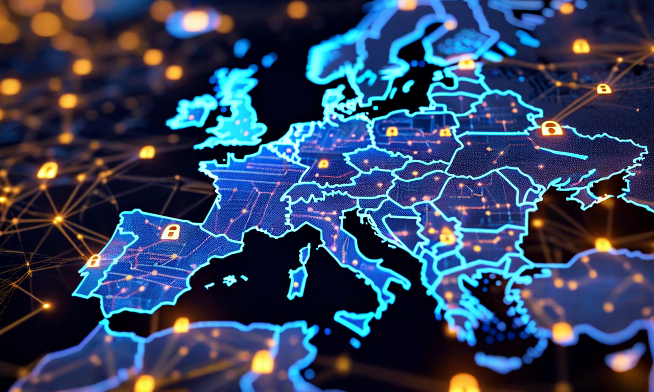EU地図を背景にした未来的なデジタルイラスト。セキュアなクラウドインフラストラクチャが青と金色の光で輝き、相互接続されたサーバーノードとデータセンターが表示されている。デジタルロック、シールドアイコン、暗号化ビジュアライゼーションなどのセキュリティ要素が強調されている。EUフラグの色が全体に統合され、データ主権と規制遵守の概念を表現している。