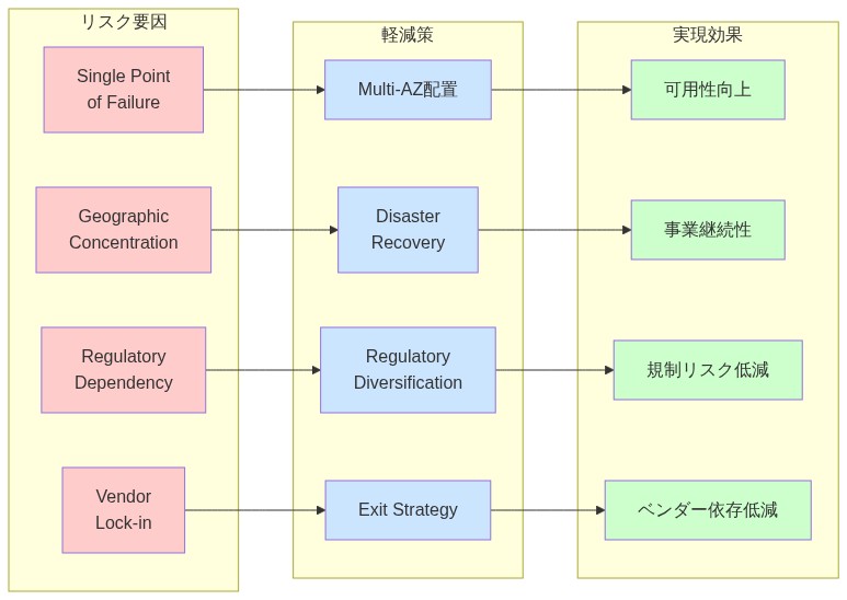 集中型運用フットプリントのリスク軽減戦略を示すマトリックス図。左側に4つのリスク要因（Single Point of Failure、Geographic Concentration、Regulatory Dependency、Vendor Lock-in）を赤色で表示。中央に各リスクに対応する4つの軽減策（Multi-AZ配置、Disaster Recovery、Regulatory Diversification、Exit Strategy）を青色で表示。右側に軽減策による実現効果（可用性向上、事業継続性、規制リスク低減、ベンダー依存低減）を緑色で表示。各リスクから対応する軽減策へ、軽減策から実現効果へと矢印で接続されている。
