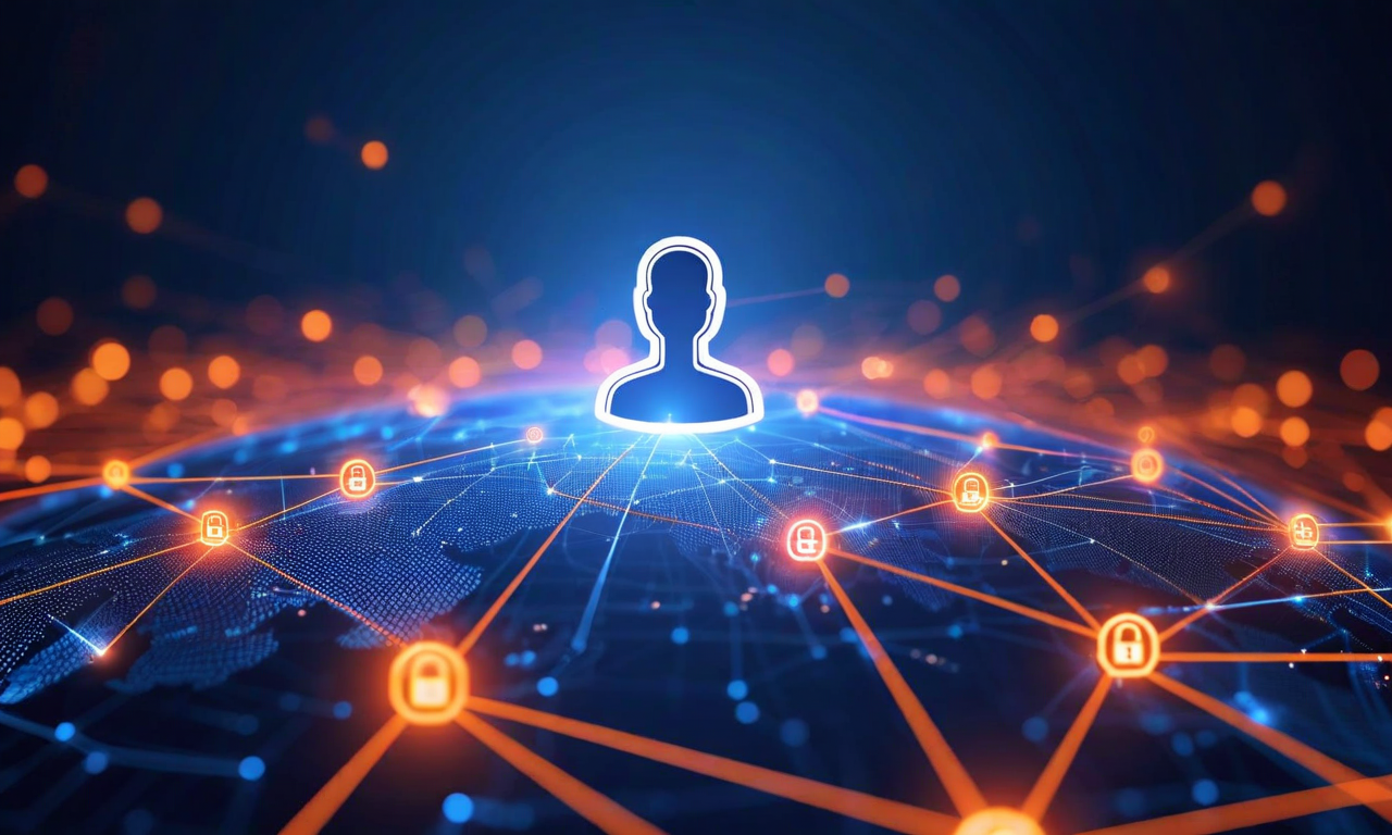 Illustration of AWS multi-region identity replication showing a central user identity icon connected to multiple AWS region nodes across a global network with flowing data streams