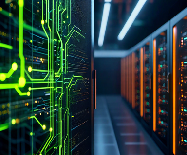 Split-screen visualization showing GPU chip technology with glowing circuits on the left connected to cloud server infrastructure on the right, with flowing data streams between them against a dark blue gradient background