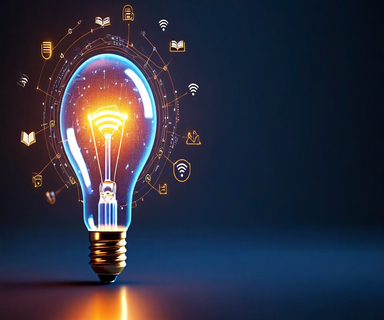A glowing smart light bulb surrounded by digital network signals, Wi-Fi waves, and floating book icons, representing a device that functions as both a light source and a hidden digital library server