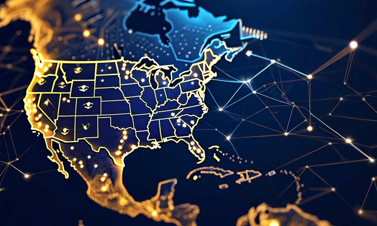 Conceptual illustration of California's outline with digital network patterns spreading across North America, symbolizing the state's regulatory influence on technology policy and market effects