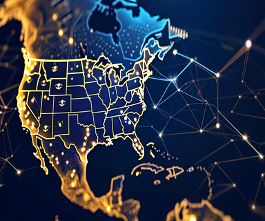 Conceptual illustration of California's outline with digital network patterns spreading across North America, symbolizing the state's regulatory influence on technology policy and market effects