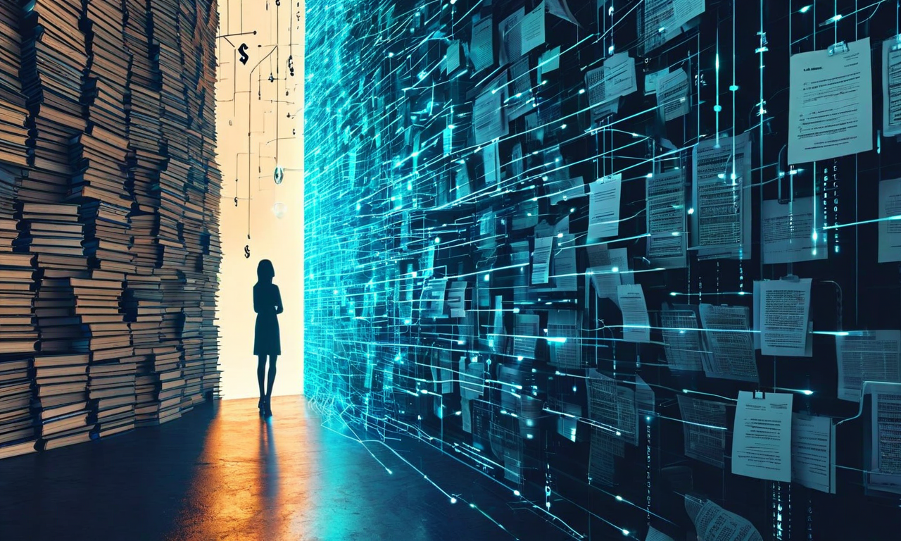 Split illustration showing a wall of locked academic journals and paywalls on one side contrasted with freely flowing digital documents through an open gateway on the other, with a person at a computer bridging the divide