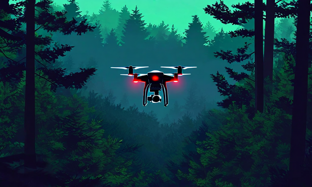 A surveillance drone flying above dense woodland forest at dusk, attempting to locate wildlife below the thick tree canopy, illustrating the challenge of wildlife tracking operations