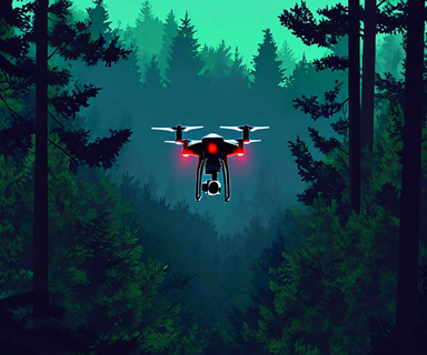 A surveillance drone flying above dense woodland forest at dusk, attempting to locate wildlife below the thick tree canopy, illustrating the challenge of wildlife tracking operations