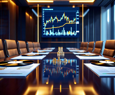 Split composition showing corporate financial elements like charts and documents on one side blending with music industry symbols like vinyl records and streaming waveforms on the other, connected by golden light representing value creation