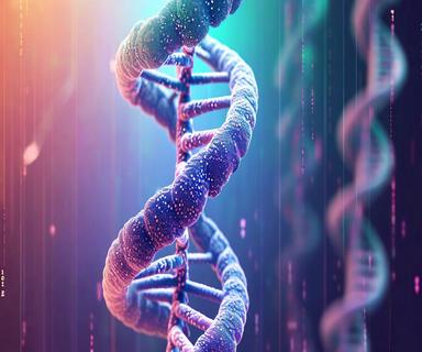 Scientific visualization depicting DNA helix transforming into branching evolutionary pathways, with abstract data streams transitioning into organic forms, representing biological evolution as an information acquisition process