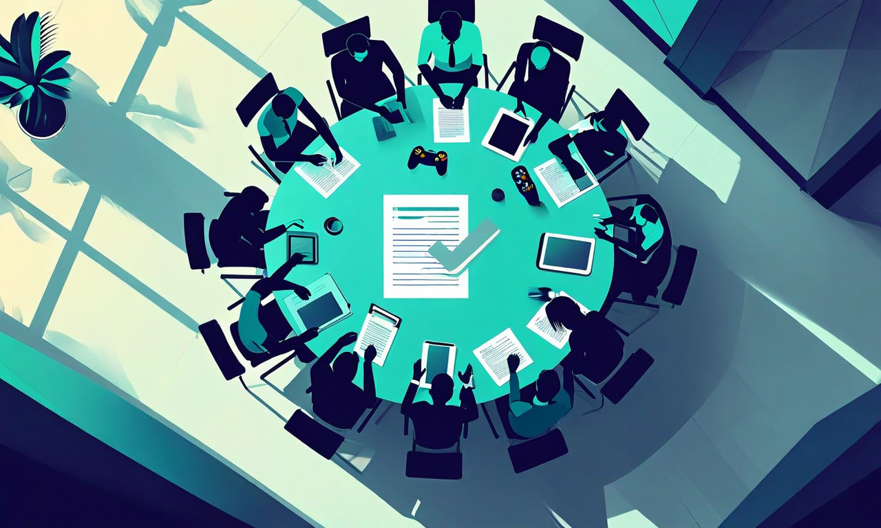 Illustration of diverse silhouetted figures seated around a round table in a boardroom setting, with abstract handshake and document icons overlaid, symbolizing a labor union contract negotiation in the video game industry.