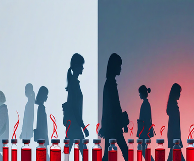 Split composition showing young people silhouettes fading on one side and medical blood products on the other, connected by a red ribbon, illustrating Japan's blood donation sustainability challenge