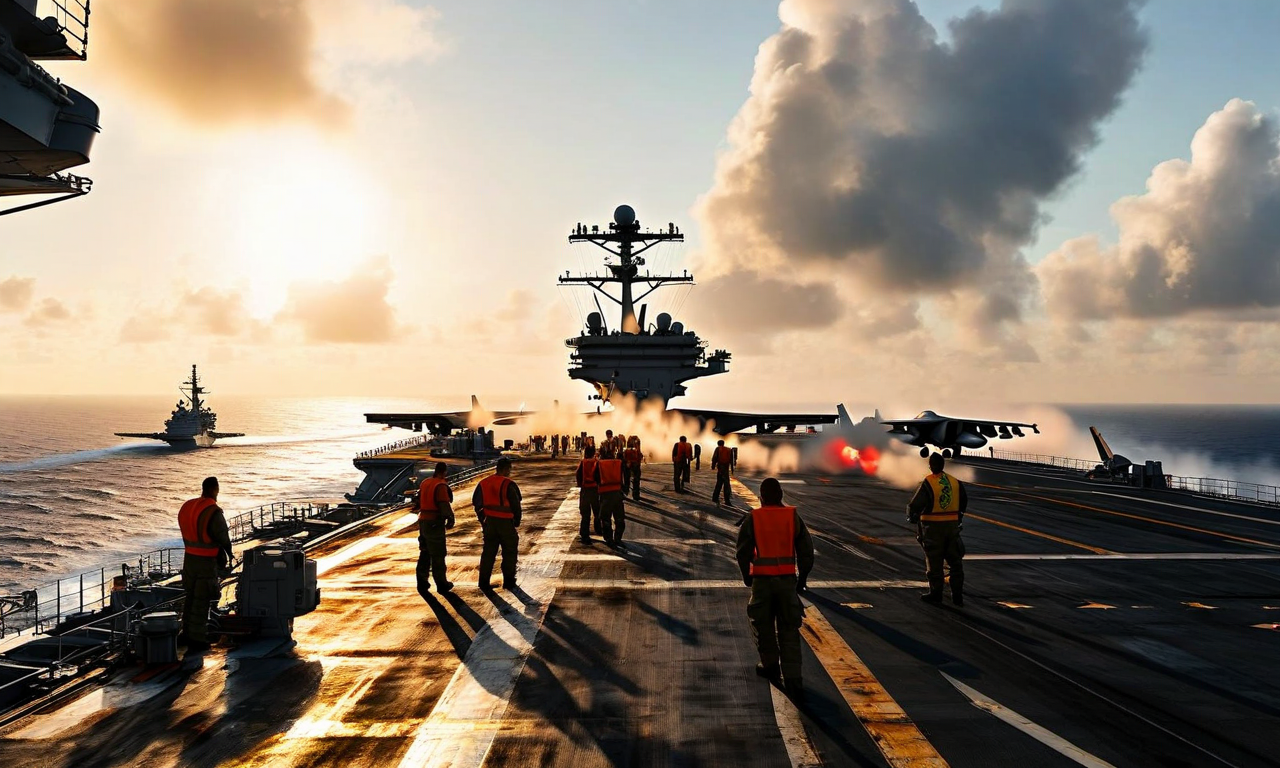 Wide-angle view of an aircraft carrier flight deck during active operations, showing naval personnel working among fighter jets with ocean in the background, illustrating the demanding operational environment aboard the USS Abraham Lincoln