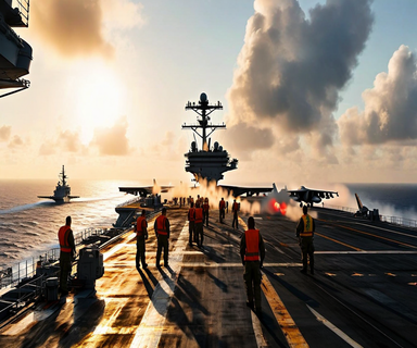 Wide-angle view of an aircraft carrier flight deck during active operations, showing naval personnel working among fighter jets with ocean in the background, illustrating the demanding operational environment aboard the USS Abraham Lincoln