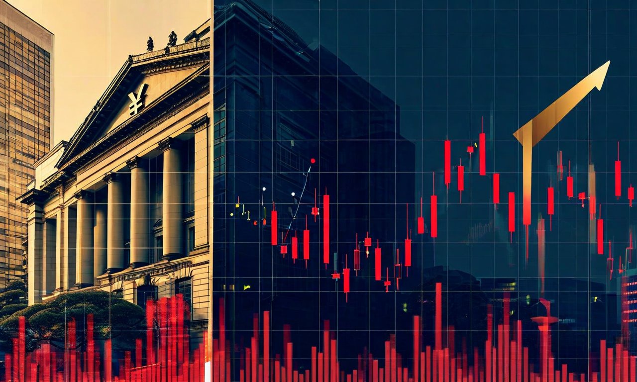 Conceptual business image depicting the Bank of Japan's monetary policy decision, featuring the central bank building, yen currency symbols, rising interest rate indicators, and oil price elements, illustrating the balance between inflation control and economic stability