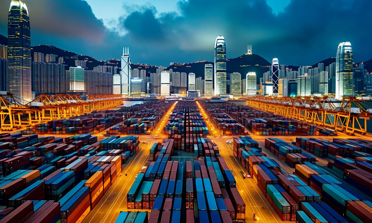 Aerial view of Hong Kong's port and skyline with shipping containers and modern buildings, overlaid with subtle circuit board patterns representing semiconductor trade flows