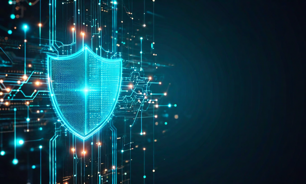Digital illustration of a protective shield made of data streams and neural networks defending against geometric bot shapes, representing real-time bot detection technology
