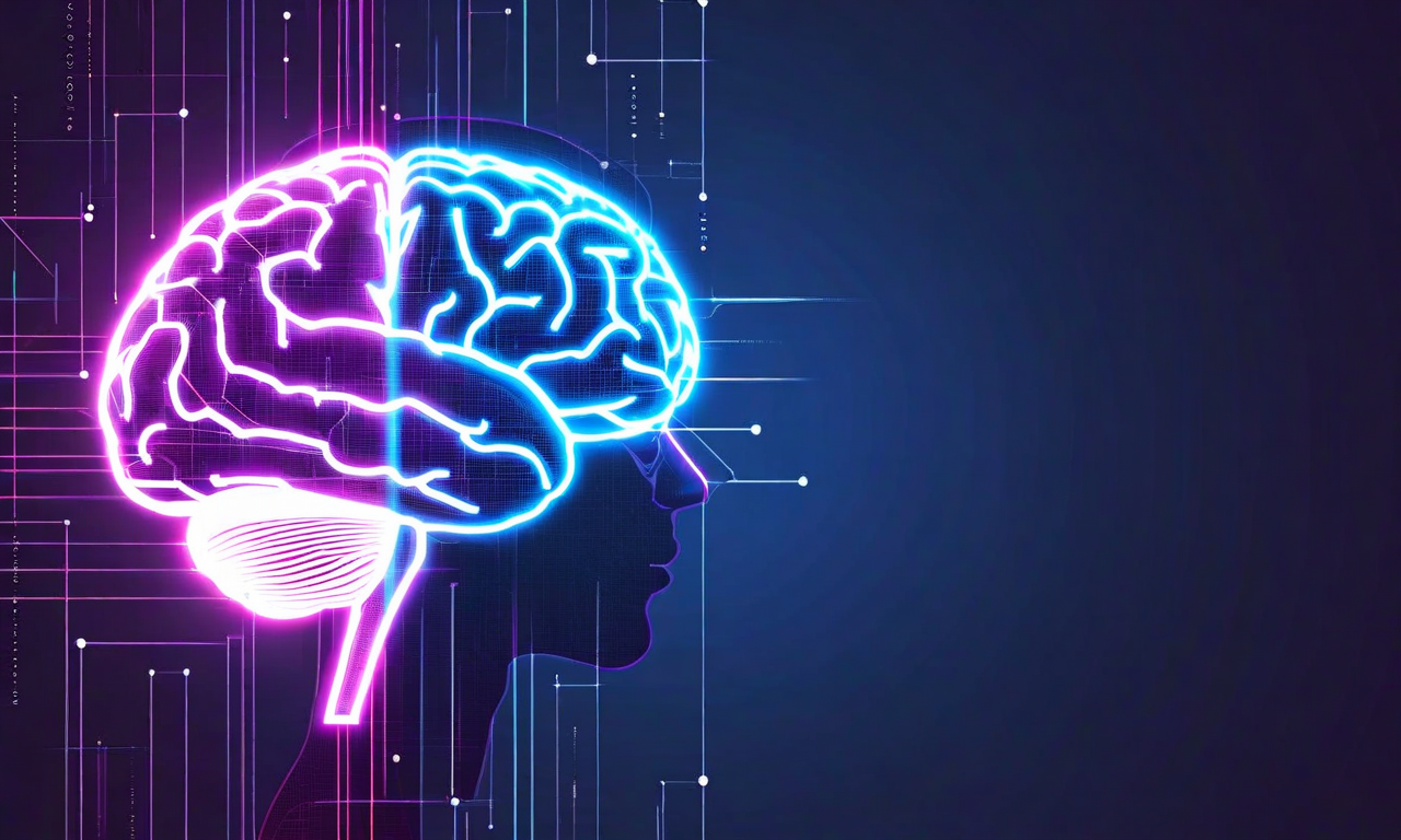 人間の脳とAIニューラルネットワークが光るデジタルパスウェイで接続されているイラスト。左から右へ向かって脳が徐々に透明になり、認知能力の低下を表現している。青紫色の神経接続とデータストリームが両者の間を流れ、AI処理を象徴する幾何学的パターンとノードが配置されている。AI依存による認知負債の蓄積概念を視覚化した未来的でプロフェッショナルなイメージ。