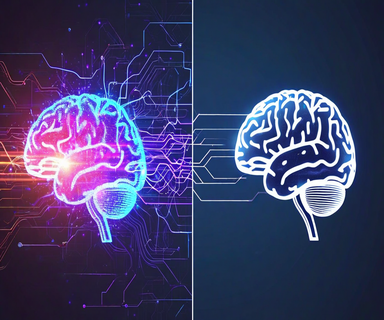 Split illustration of a human brain showing two states: left side displays a vibrant brain with bright, dense neural connections; right side shows a dimmed brain with sparse, weakening neural pathways, with digital particles flowing between them representing AI delegation