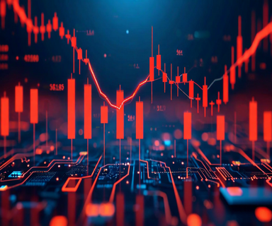 Declining stock chart with red candlesticks overlaid with semiconductor chip imagery and AI network patterns, representing Broadcom's stock decline following AI revenue outlook miss