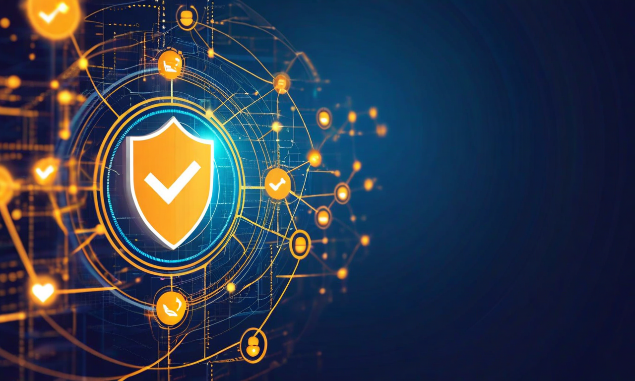 プライバシー保護を戦略的な競争優位性として表現した抽象的なビジネスイラスト。中央の輝くシールドシンボルがデータ保護を象徴し、その周囲に信頼、顧客ロイヤルティ、規制対応、ブランド価値向上を表す相互接続されたノードが配置されている。金色と青色のパレットで、幾何学的な要素と流動的なラインが無形資産の価値向上を視覚化している。