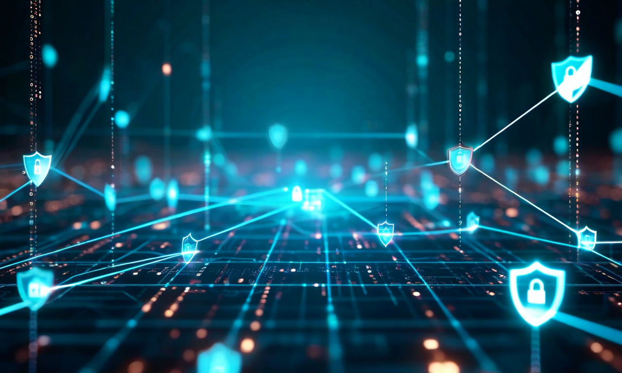 Abstract visualization of a decentralized AI network architecture with distributed nodes, encrypted data pathways, and privacy protection symbols, illustrating privacy-preserving system design concepts