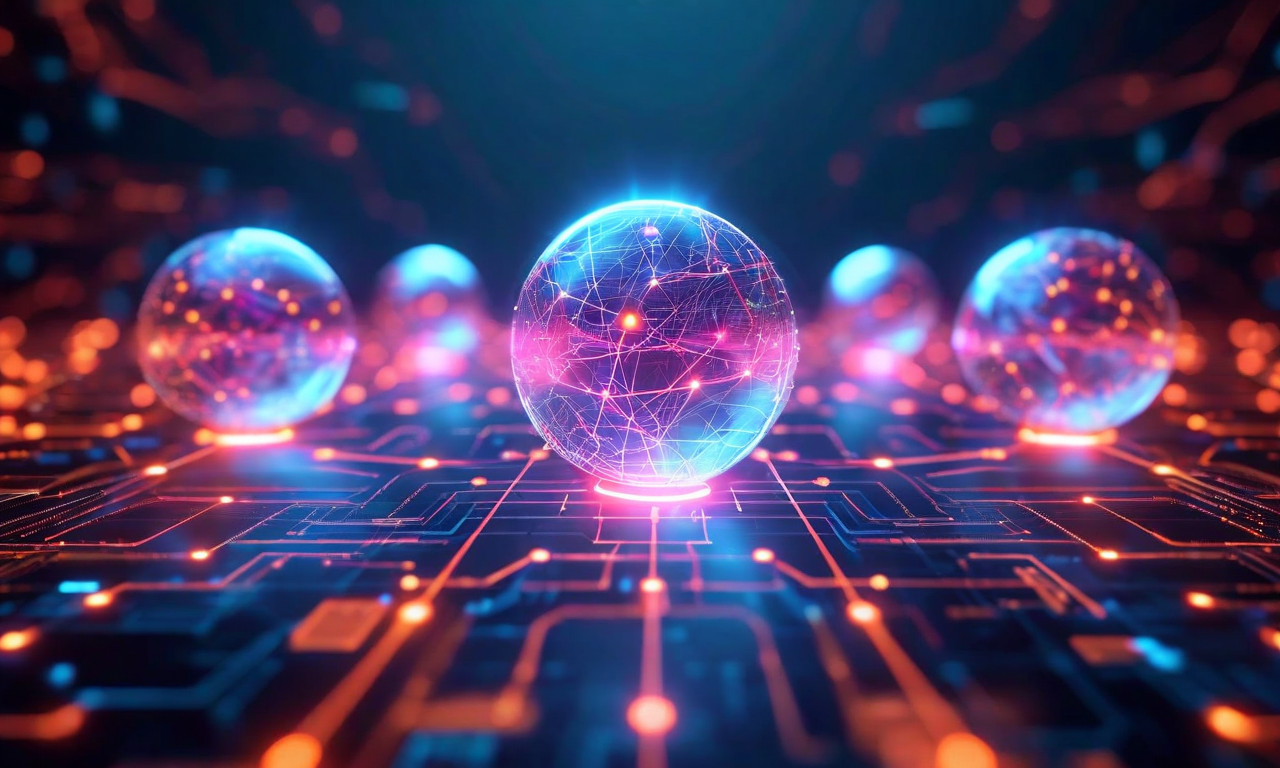 AIシステムが4つの倫理的課題（プライバシー、バイアス、透明性、説明責任）のバランスを取る様子を表現した抽象的なビジュアル。中央の発光するニューラルネットワークノードが4つの色分けされた球体を支えており、各球体は異なる倫理的価値を象徴する要素を含んでいる。データストリームが全要素を動的に結びつけ、複雑で相互に関連した倫理的課題領域を視覚化している。