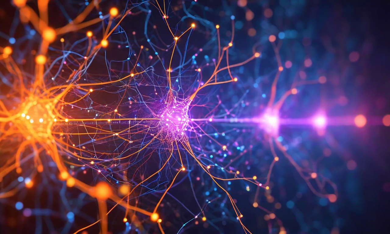 汎用LLMの基盤となるニューラルネットワークから、顧客サービス（オレンジ）、技術サポート（青）、規制業界（紫）の3つのドメイン特化型ファインチューニングへの適応プロセスを示す抽象的な視覚化。発光するノードと接続パターンが、一般的な知識からドメイン固有の知識への転移学習を表現している。