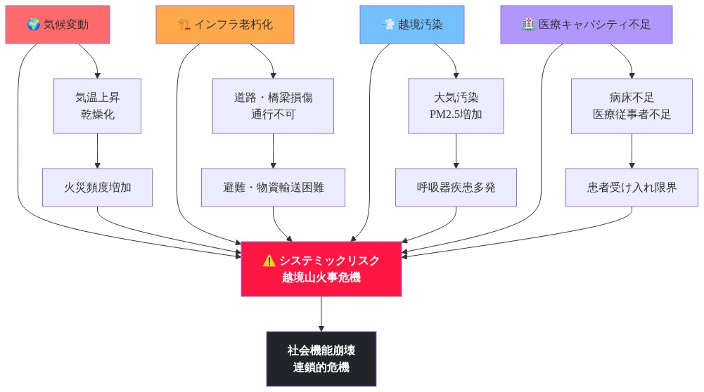 システミックリスク構造を示す図。気候変動、インフラ老朽化、越境汚染、医療キャパシティ不足の4つの主要リスク要因が、それぞれ具体的なメカニズム（気温上昇による火災頻度増加、インフラ損傷による輸送困難、大気汚染による呼吸器疾患、医療受け入れ限界）を通じて相互作用し、最終的に越境山火事危機というシステミックリスクを生成し、社会機能崩壊に至る連鎖的危機を引き起こすプロセスを表現している。