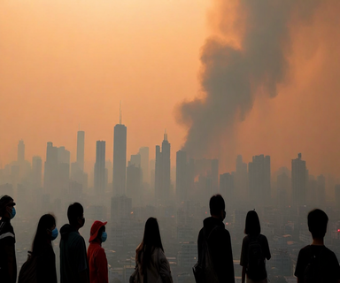 Urban skyline shrouded in thick orange wildfire smoke with reduced visibility, showing the impact of Canadian wildfires on northeastern US cities