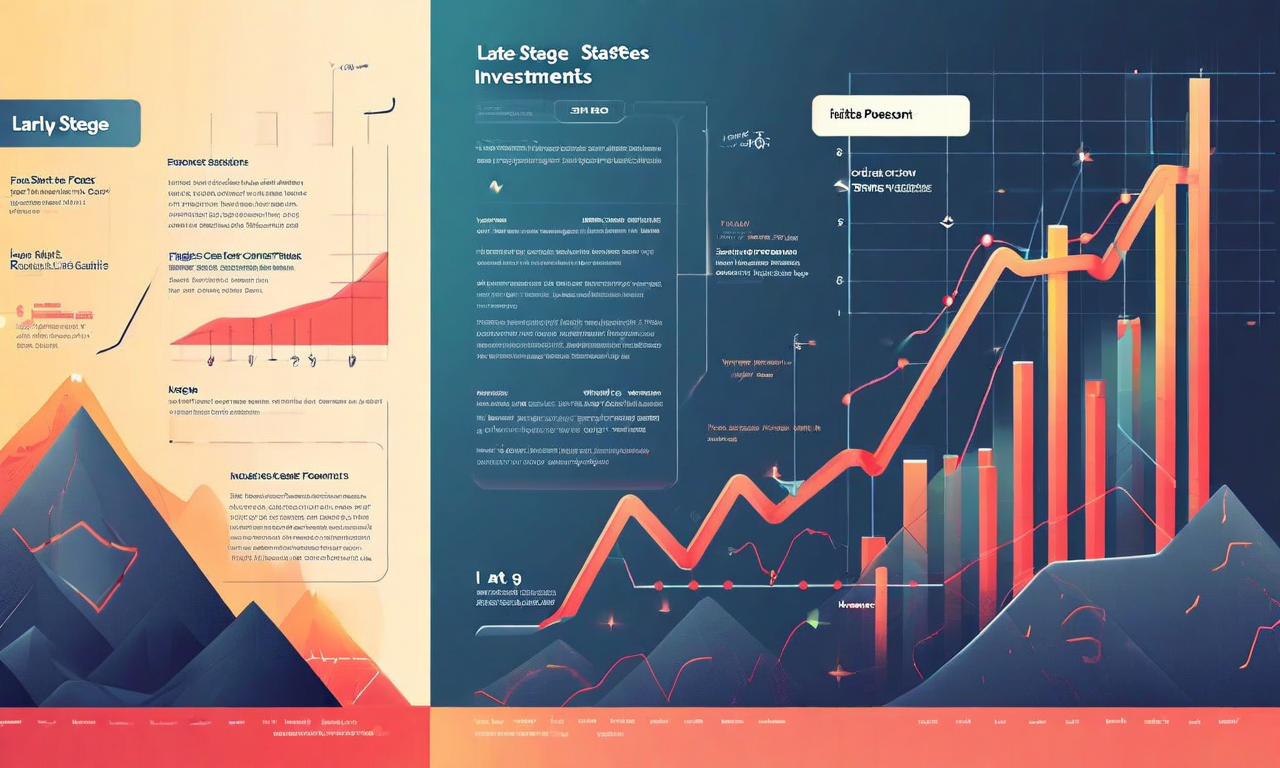 早期段階投資と後期段階投資の対比を示すビジュアル。左側は低コスト基盤、高リスク、長期保有を表現する動的で上昇する要素で構成。右側は高コスト基盤、相対的に低リスク、短期保有を表現する安定した成長パターンで構成。左側は温色系で成長ポテンシャルを、右側は冷色系で安定性を表現。