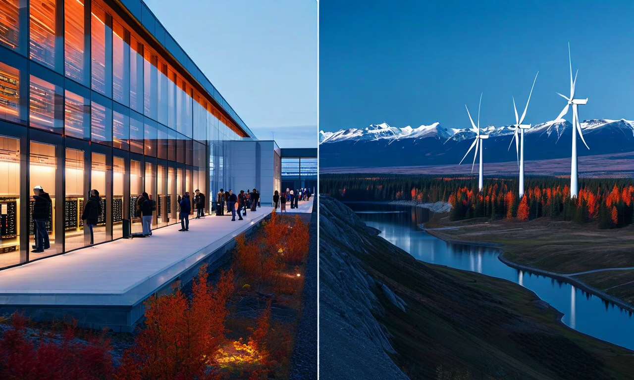 Split image showing a modern data center facility on one side and community members with environmental concerns on the other, representing the tension between AI infrastructure development and local opposition in Canada