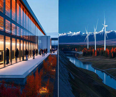 Split image showing a modern data center facility on one side and community members with environmental concerns on the other, representing the tension between AI infrastructure development and local opposition in Canada