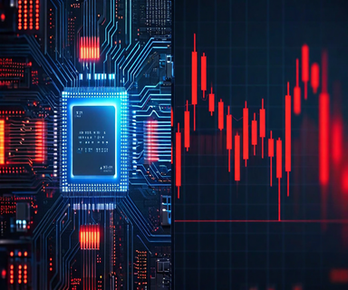 Split composition showing an advanced AI semiconductor chip with glowing circuits on the left contrasted with a declining stock market chart with red downward trends on the right, representing the gap between technological innovation and investor expectations