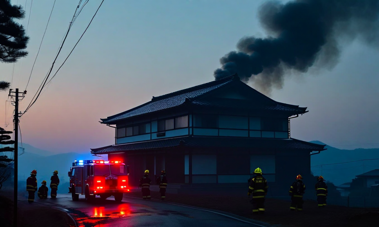 Silhouette of a residential house with emergency response lights and smoke against an early morning sky, depicting a fire incident scene in a respectful, non-graphic manner