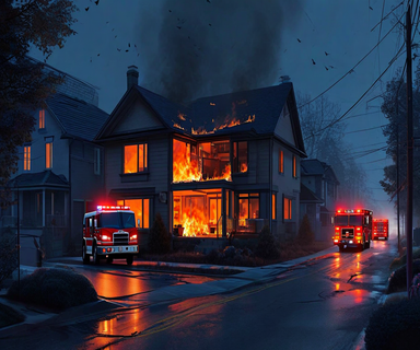 Architectural cross-section illustration of a residential house at night with fire glow inside and emergency vehicles outside, depicting the critical gap between fire suppression response and occupant evacuation in residential fire safety