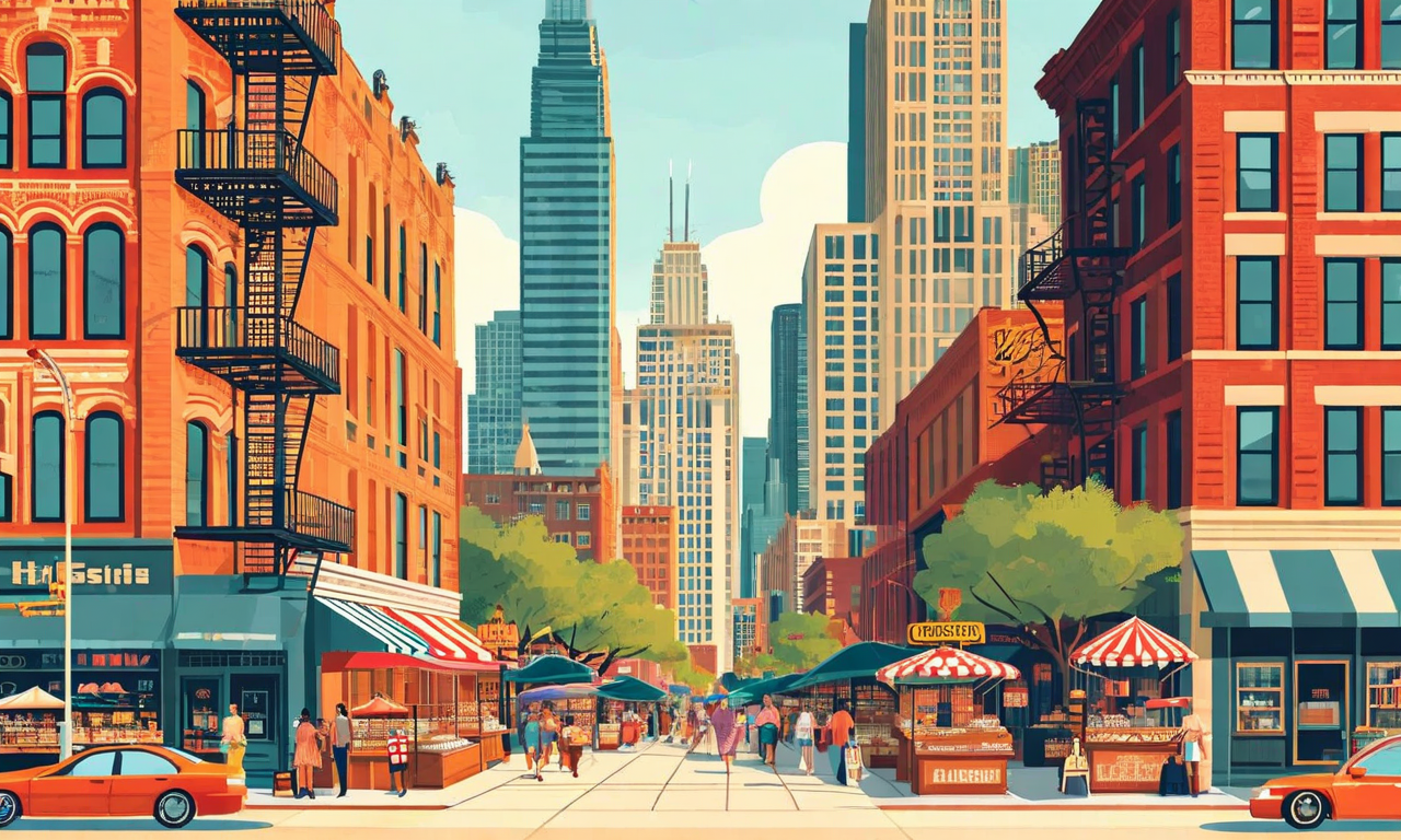 シカゴの複数の近隣地域を描いたビンテージ観光ポスター風イラスト。ビクトリア朝の褐色砂岩建築、アールデコビル、現代的なガラス構造、歴史的なレンガ倉庫など多様な建築様式が特徴。街路には多文化的な要素として、多様な歩行者、屋台、地元の店舗、コミュニティガーデン、パブリックアート壁画が配置されている。暖色系のビンテージポスター美学で、豊かな宝石色と温かみのあるオレンジ色が使用されている。高架鉄道線路と並木道が見え、複数の地区が統一された都市風景として構成されている。