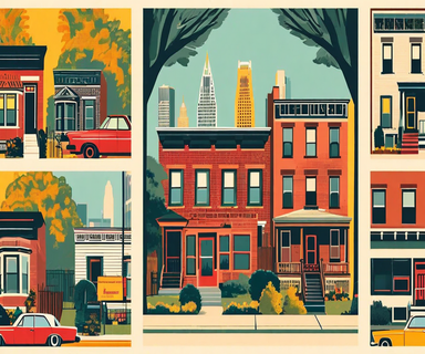 Vintage-style illustrated collage showing diverse Chicago residential neighborhood scenes including brick homes, tree-lined streets, local storefronts, and architectural details in a retro travel poster aesthetic with warm, inviting colors