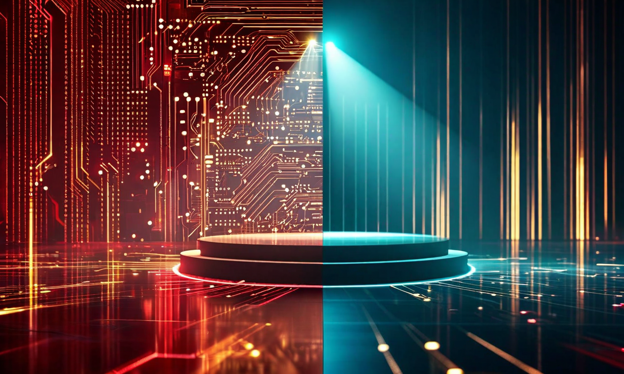 Abstract visualization depicting China's AI development through neural networks and data streams on one side, merging with symbolic representations of international stage presence and security surveillance on the other, illustrating the dual nature of technological advancement and strategic implications