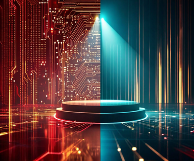 Abstract visualization depicting China's AI development through neural networks and data streams on one side, merging with symbolic representations of international stage presence and security surveillance on the other, illustrating the dual nature of technological advancement and strategic implications