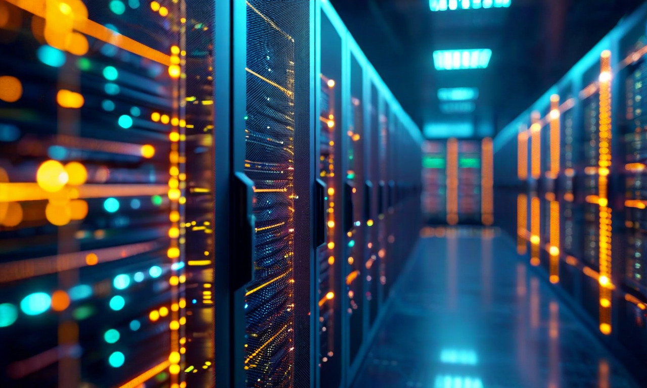 Illuminated AI server infrastructure with neural network patterns and semiconductor chip representations, connected by glowing data streams against a dark technological background