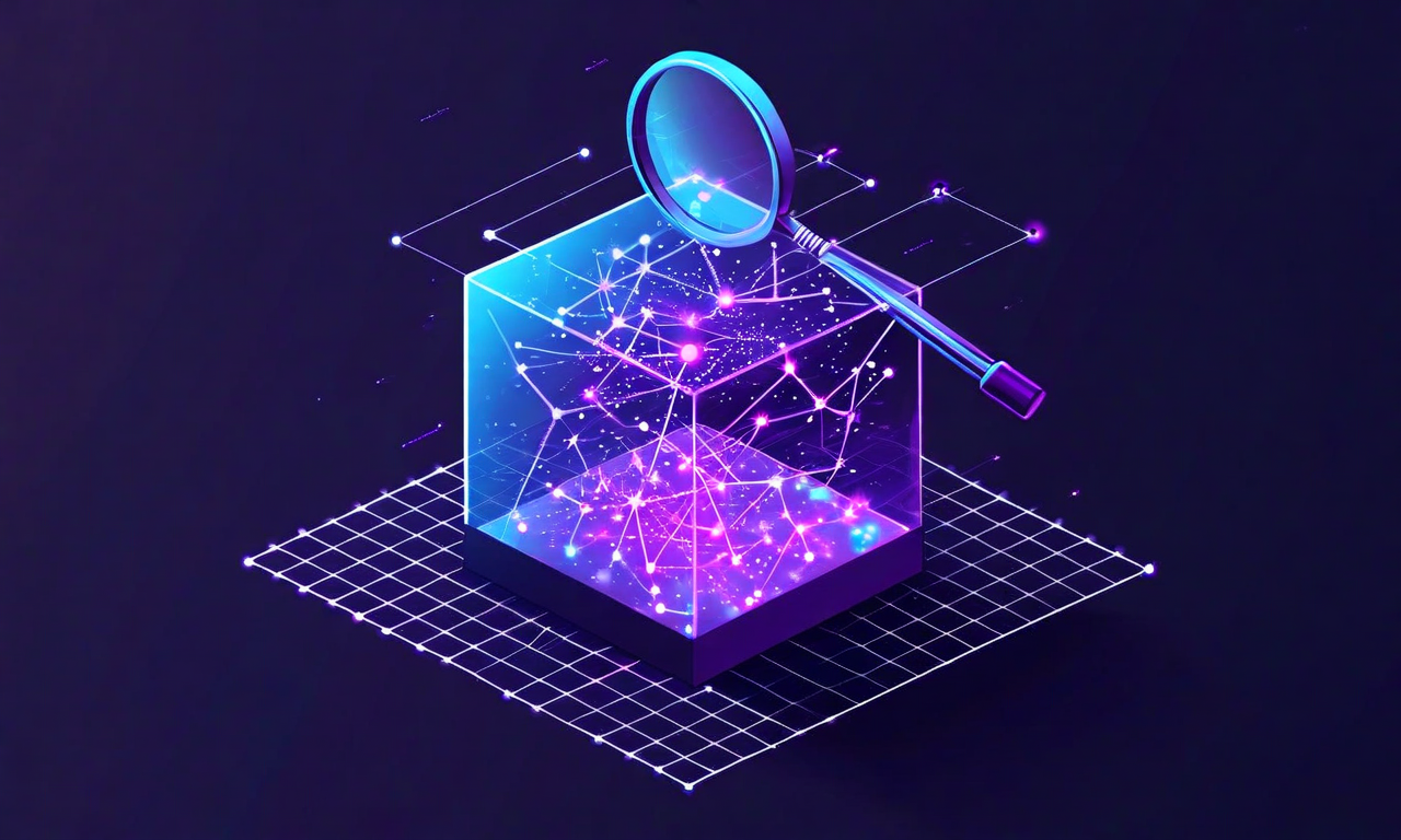 Isometric illustration of a transparent cube containing glowing vector data points with a magnifying glass revealing internal structure, representing database observability and exploration