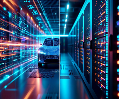Split visualization comparing edge computing and cloud computing for autonomous vehicles, showing a self-driving car with sensors on one side connected via glowing network lines to modern data center infrastructure on the other side, with neural network visualizations in between