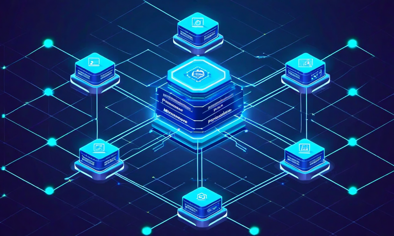 Isometric diagram of cloud-native microservices architecture showing six interconnected hexagonal nodes representing different AI evaluation services, connected by glowing data flow lines against a blue gradient background with cloud infrastructure elements