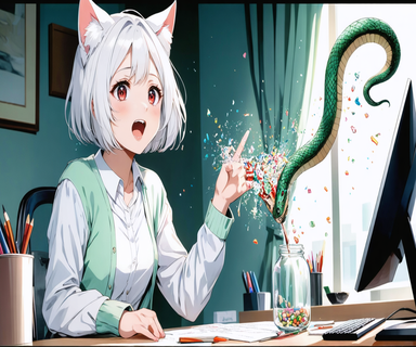 小さなヘビが小さな瓶にぴったり収まり、ネコ型のお世話係がリボン付きのメダルを手渡している、Pythonが軽量な実行環境に正式対応したことを表すイラスト。