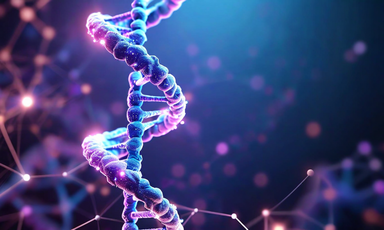 DNA double helix structure with glowing molecular connections and abstract genetic editing visualizations against a blue-purple gradient background, representing biotechnology innovation and scientific advancement