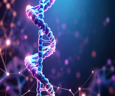 DNA double helix structure with glowing molecular connections and abstract genetic editing visualizations against a blue-purple gradient background, representing biotechnology innovation and scientific advancement