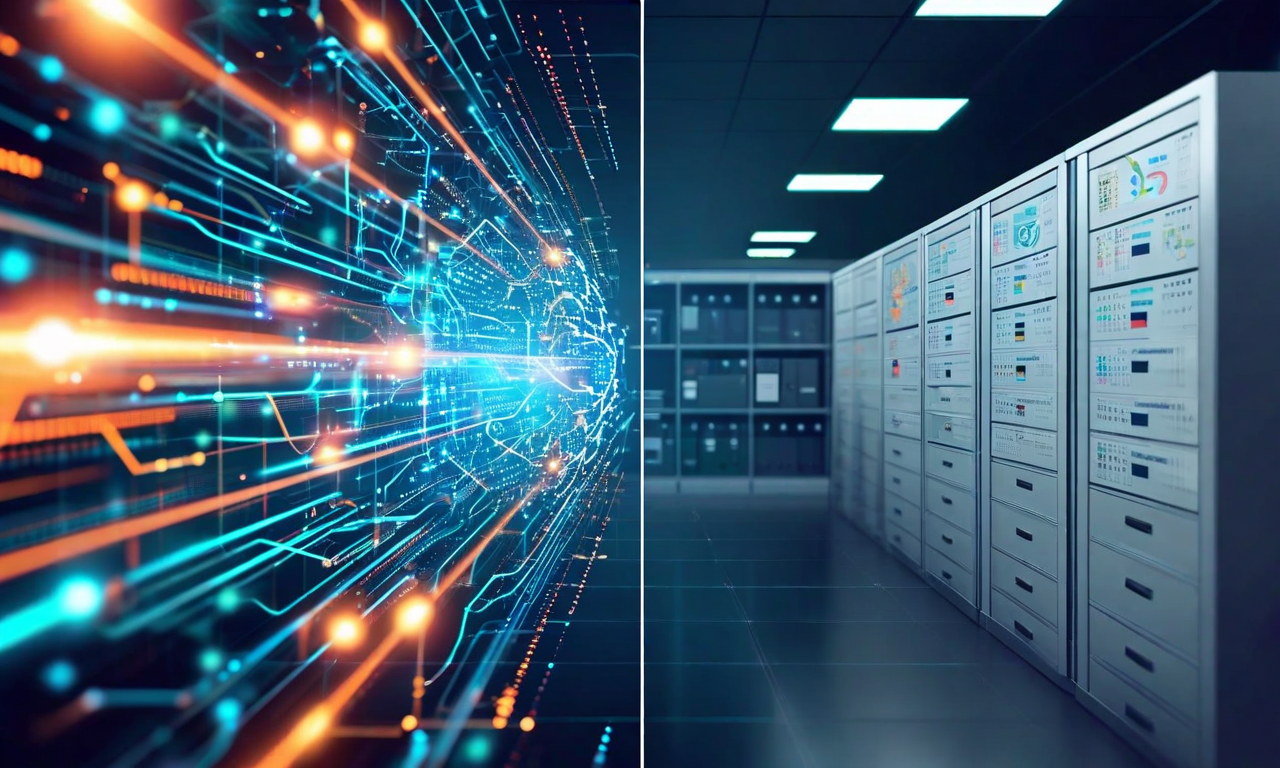 Split illustration contrasting fast-moving AI technology with neural networks and data streams on one side against traditional corporate reporting documents and filing systems on the other, representing the gap between AI deployment speed and reporting transparency