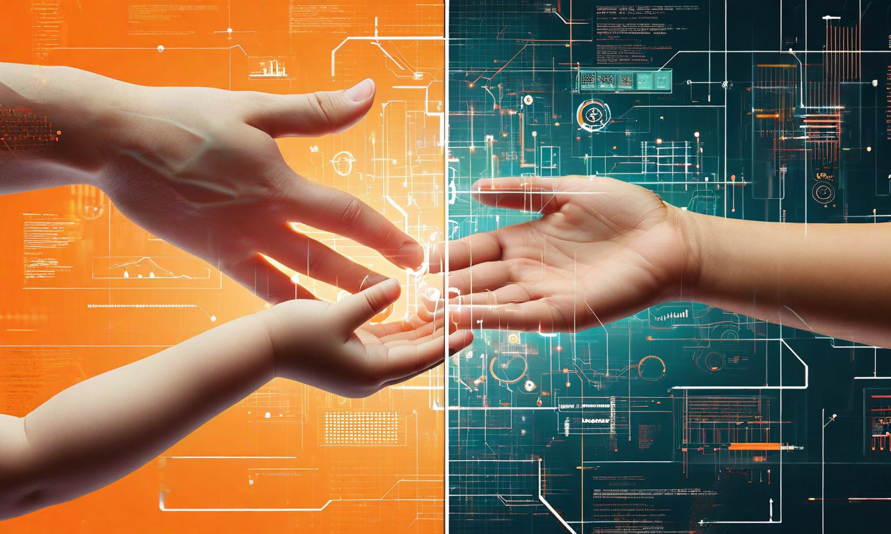 Split composition showing warm-toned parent and child hands on the left contrasted with cool-toned digital circuit patterns and abstract corporate technological hands reaching from the right, illustrating the tension between family autonomy and platform-controlled parenting