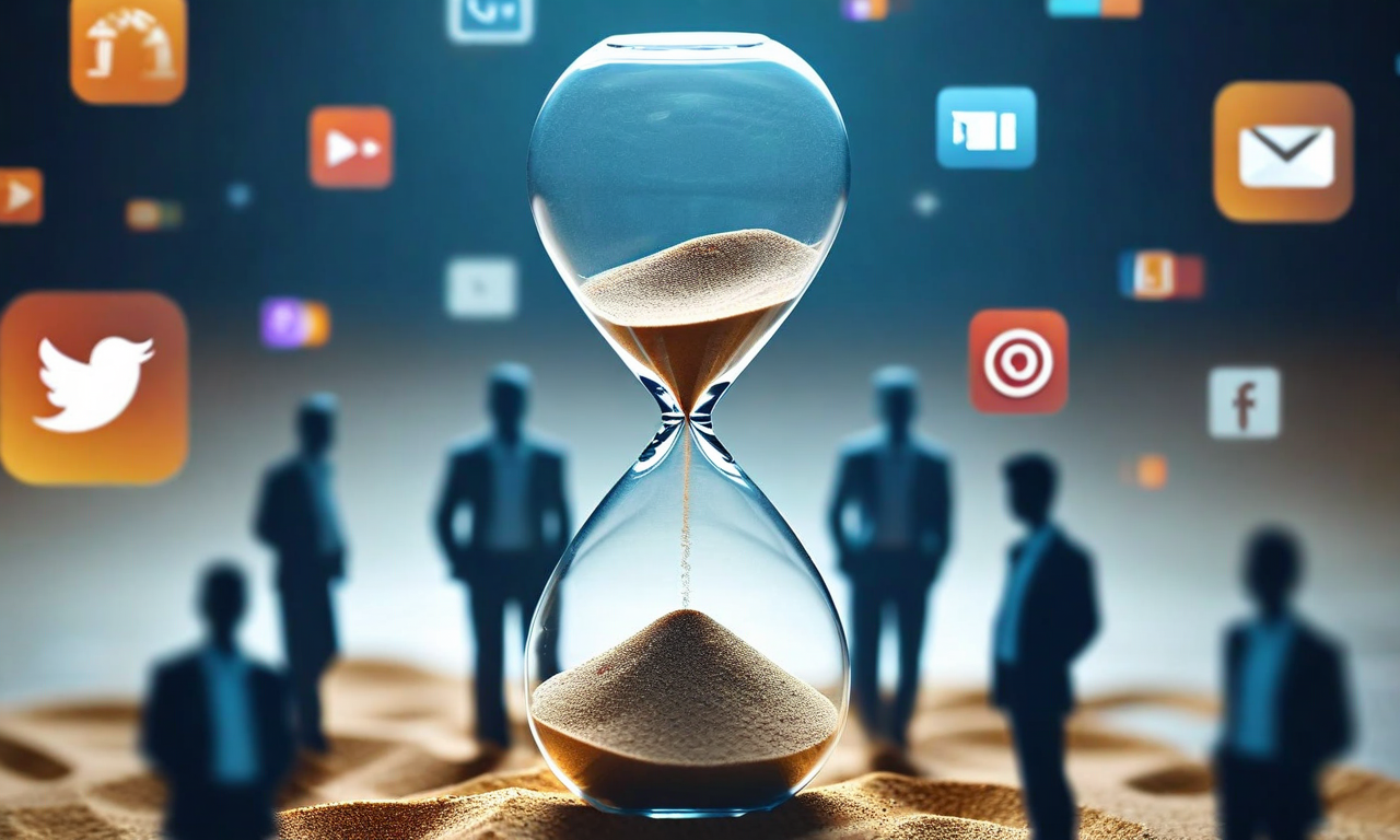 An hourglass with flowing sand representing a consultation timeline, surrounded by silhouettes of stakeholders including policymakers, young people, and technology platforms, symbolizing the regulatory process for social media age restrictions