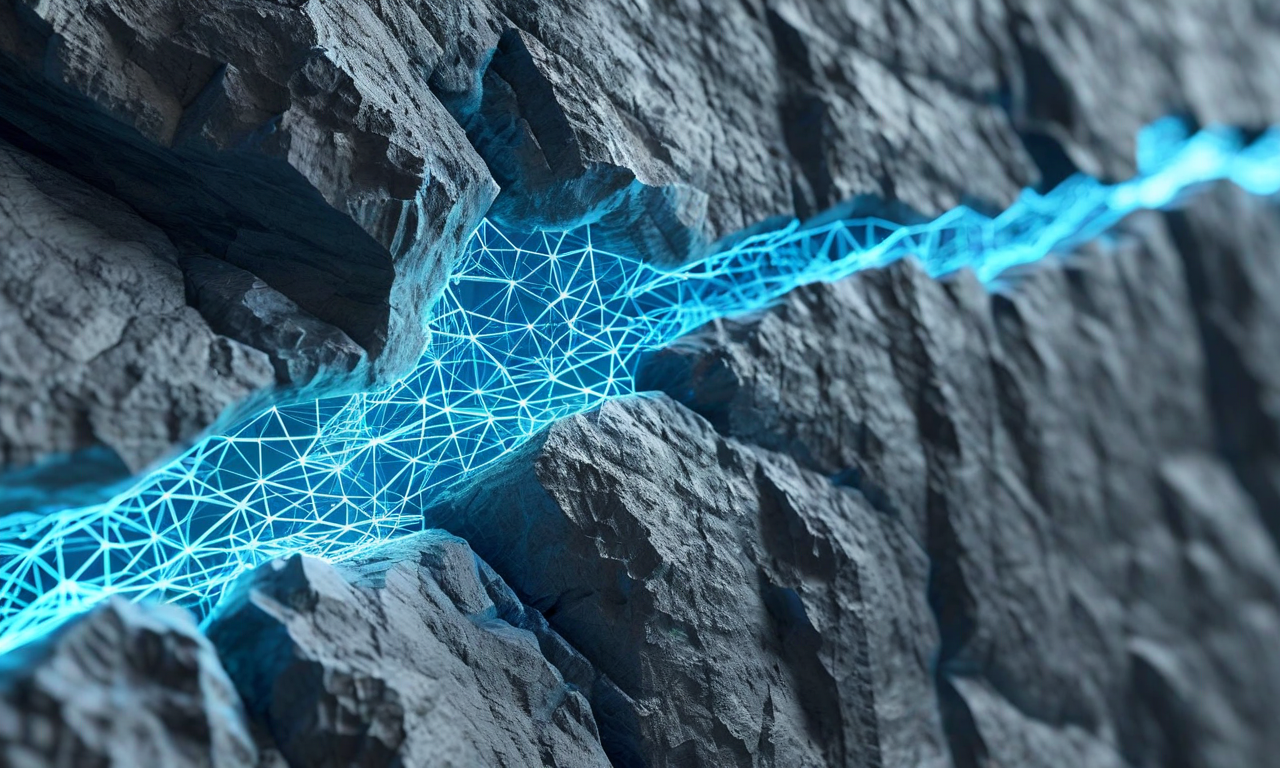Three-dimensional visualization of a fractured crystalline rock system showing a network of bright blue fractures cutting through dark gray rock matrix, with computational mesh overlay suggesting numerical modeling